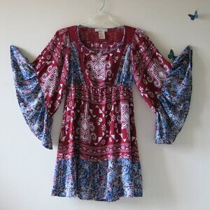 Flying Tomatoe Bell Sleeves Rayon Cotton Blend Red Blue Bohemian Dress Size L